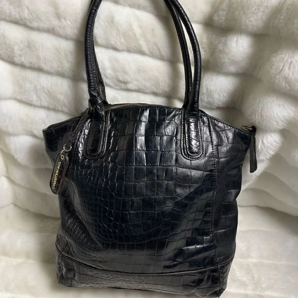 Cynthia Rowley leather black croc prints large satchel